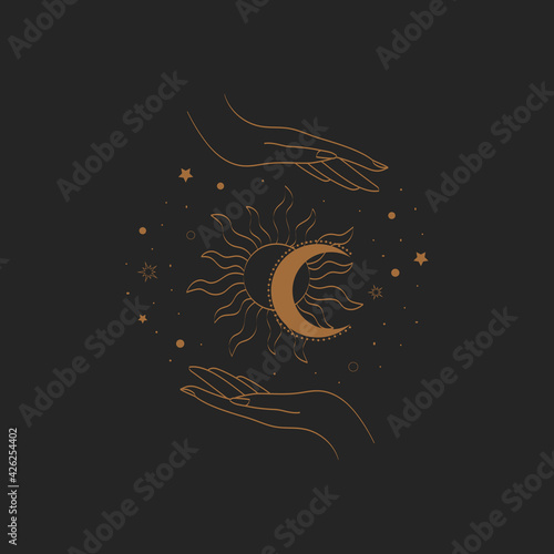Magical line hands. Boho mystical mudra hands, celestial symbols of sun, moon and stars. Witch mystical symbol, witchcraft vector illustration icons. Magic spiritual witchcraft, mystic esoteric