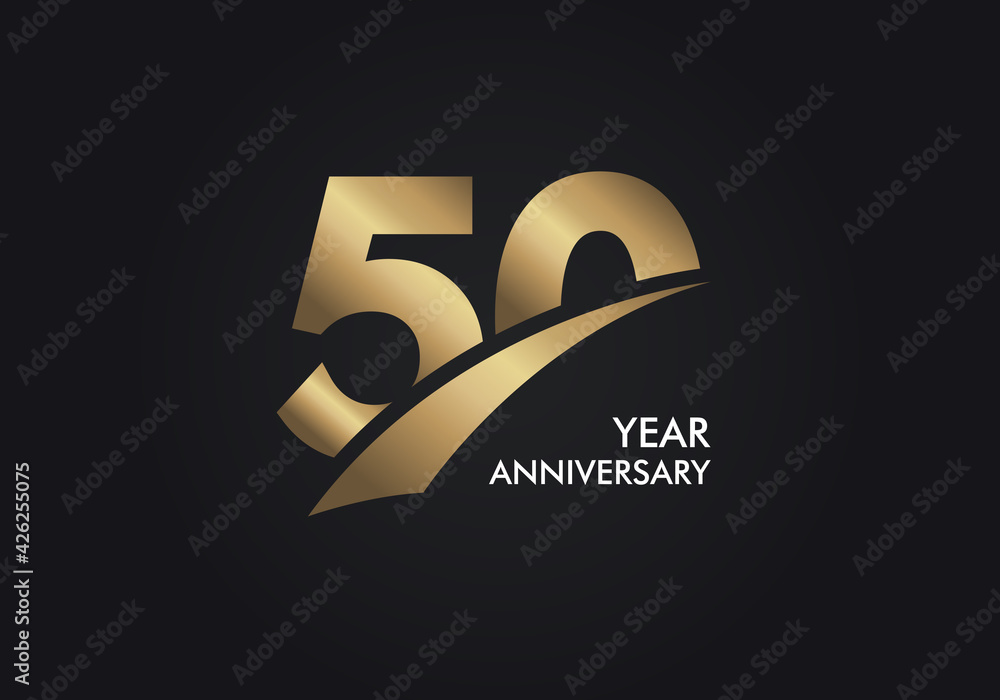 50 Years Anniversary logotype with golden colored font numbers made of Slice, isolated on black background for company celebration event, birthday - Vector - obrazy, fototapety, plakaty 