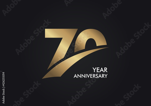 70 Years Anniversary logotype with golden colored font numbers made of Slice, isolated on black background for company celebration event, birthday - Vector