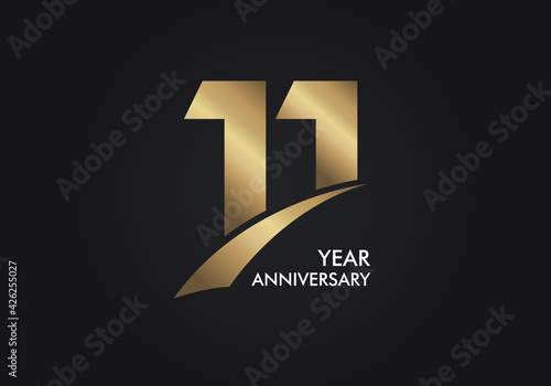 11 Years Anniversary logotype with golden colored font numbers made of Slice, isolated on black background for company celebration event, birthday - Vector
