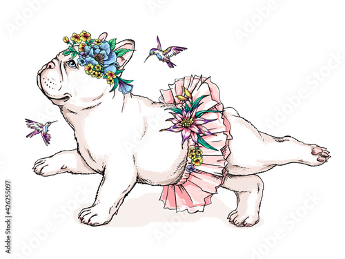Cute french bulldog ballerina sketch. Dog in ballet tutu. Vector illustration in hand-drawn style. Dog with flowers and birds. Image for printing on any surface