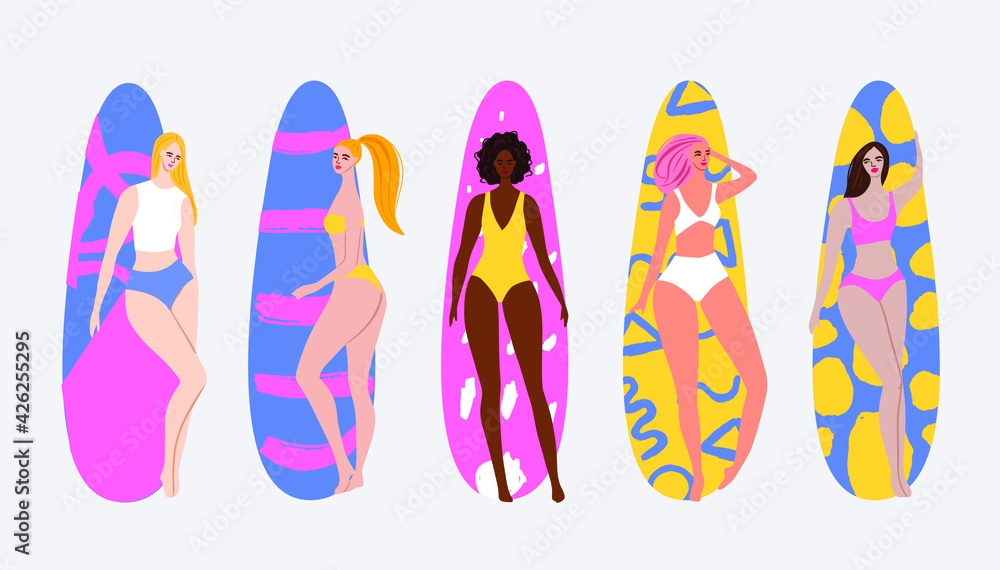 Set of beautiful young female surfers in bikinis with surfboards.
Girls with different hairstyles and beachwear. Set of vector summer surfers.