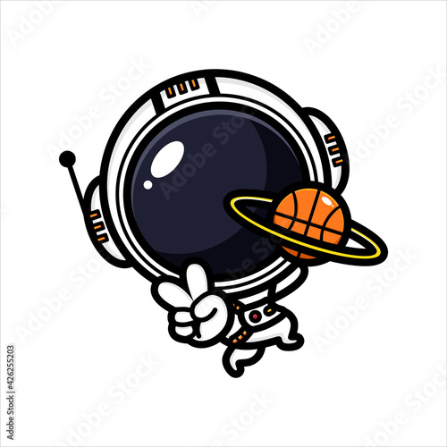 cute astronaut cartoon character design holding planet saturn in basketball shape