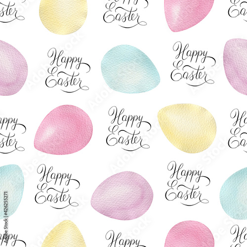 Watercolor seamless pattern with multicolored Easter eggs and happy Easter text lettering, Easter template for wallpaper, wrapping paper, scrapbooking, fabrics, textiles
