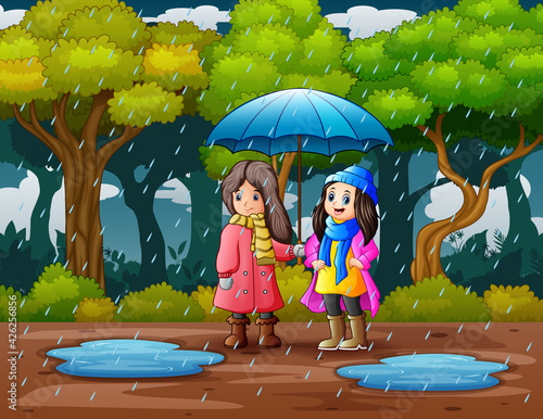 Children using umbrella under the rain