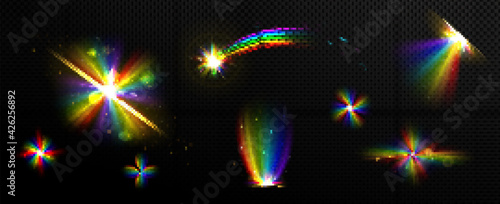 Rainbow crystal light, prism flare reflection, lens refraction, falling star, glass, jewelry or gem stone glare, optical physics effect isolated on black background, Realistic 3d vector icons set