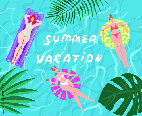 Top view, summer, holiday poster. Girls swim, relax, have fun in the pool.
Invitation card summer pool party concept. Summertime vector illustration. Flat design. 