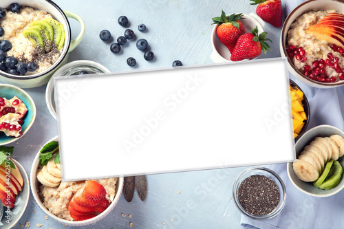 Collage of oatmeal bowls with delicious fruits and fresh berries on light background.