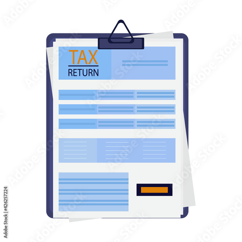 Tax return. Form, income statement. A completed and registered paper document of financial transactions on a clipboard. Obligation to plan tax payments. Vector