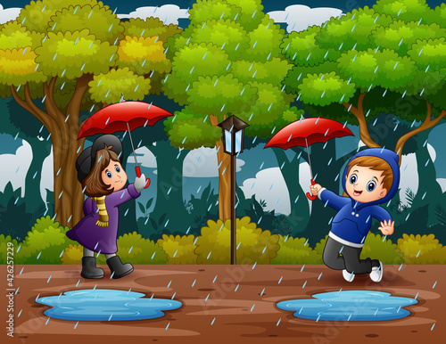 Illustration of a boy and girl under umbrella in rain