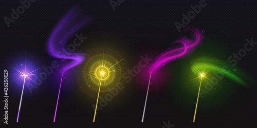 Magic wands with color star and glowing sparkle trails, gold colored rods with shiny fairy dust and neon light effect trace, isolated objects on black background, Realistic 3d vector illustration, set