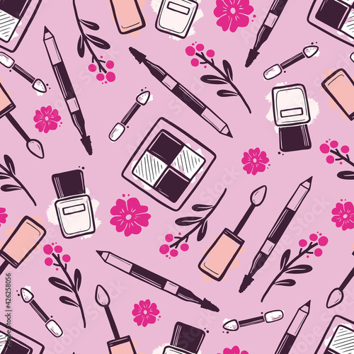 Hand drawn seamless pattern of makeup beauty cosmetic elements, mascara, cream bottle, nail product, brush. Doodle sketch style. Makeup element illustration for wallpaper, background, textile.