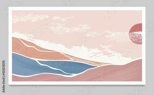 creative minimalist modern line art print. Abstract ocean wave contemporary aesthetic backgrounds landscapes. with sea, skyline, wave, mountain. vector illustrations