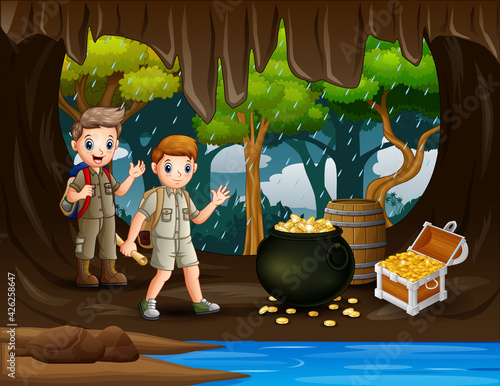 Two scout boys in the treasure cave illustration