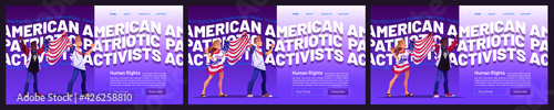Human rights cartoon landing pages with multiracial people hold Usa flag. American patriotic activists movement. White and black skin women or men protest on demonstration riot, vector web banners set