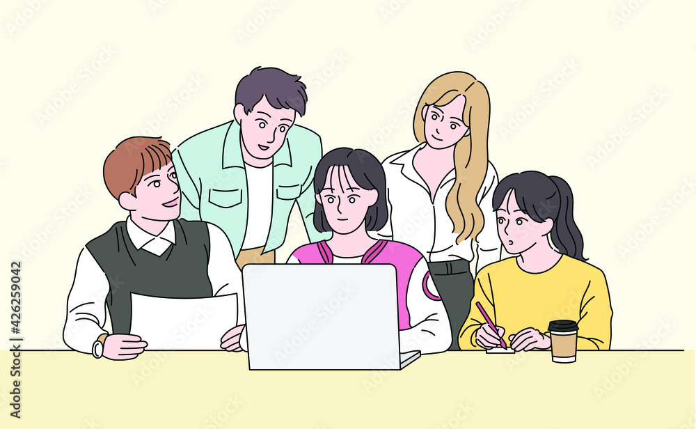 Young people gather around the laptop to share their opinions. hand drawn style vector design illustrations. Young people gather around the laptop to share their opinions. hand drawn style vector design illustrations.