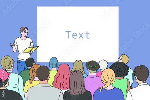 A man is giving a presentation at the pulpit, and many are listening. hand drawn style vector design illustrations. 