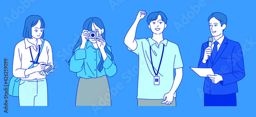 Youth reporter character. They are recording, taking pictures, and asking questions. The moderator is holding a microphone and speaking. hand drawn style vector design illustrations. 