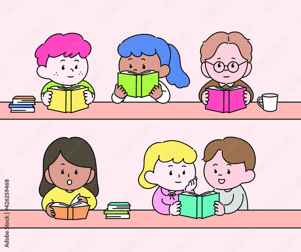 Cute characters sitting at the table and reading books. hand drawn style vector design illustrations. Cute characters sitting at the table and reading books. hand drawn style vector design illustrations.