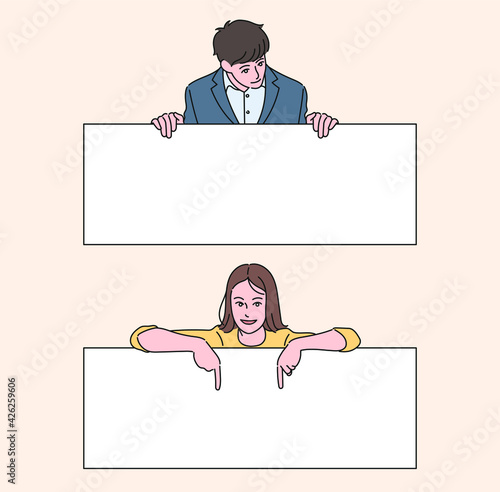 A man looking at the blank and a woman pointing at the blank with fingers. hand drawn style vector design illustrations. 