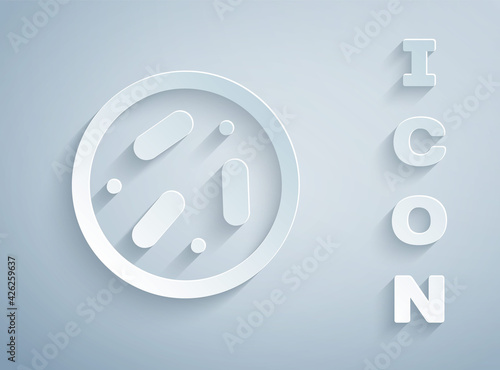 Paper cut Petri dish with bacteria icon isolated on grey background. Paper art style. Vector