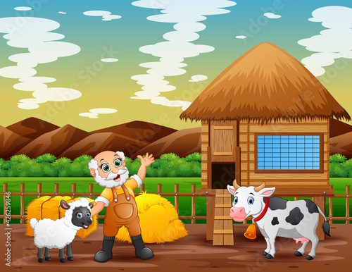 Old farmer and animals in the farmland