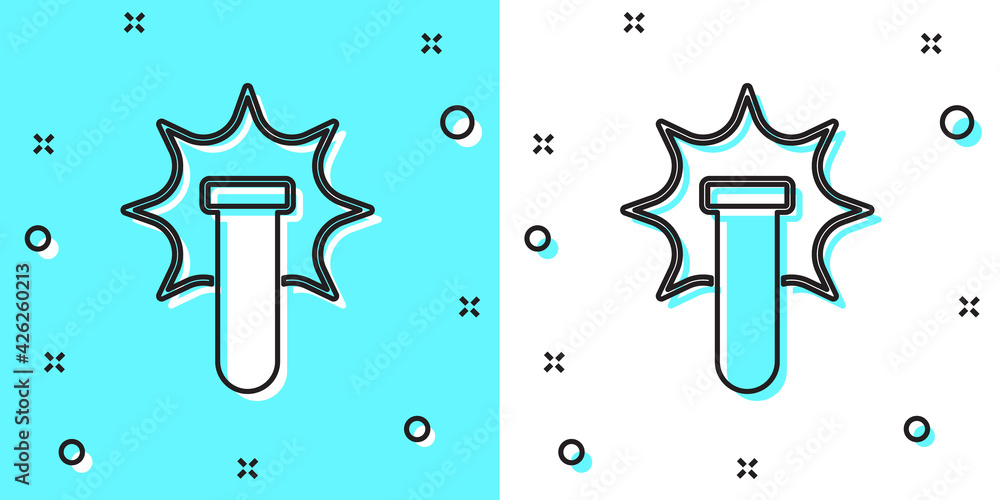 Black line Chemical experiment, explosion in the flask icon isolated on green and white background. Chemical explosion in a test tube. Random dynamic shapes. Vector Black line Chemical experiment, explosion in the flask icon isolated on green and white background. Chemical explosion in a test tube. Random dynamic shapes. Vector