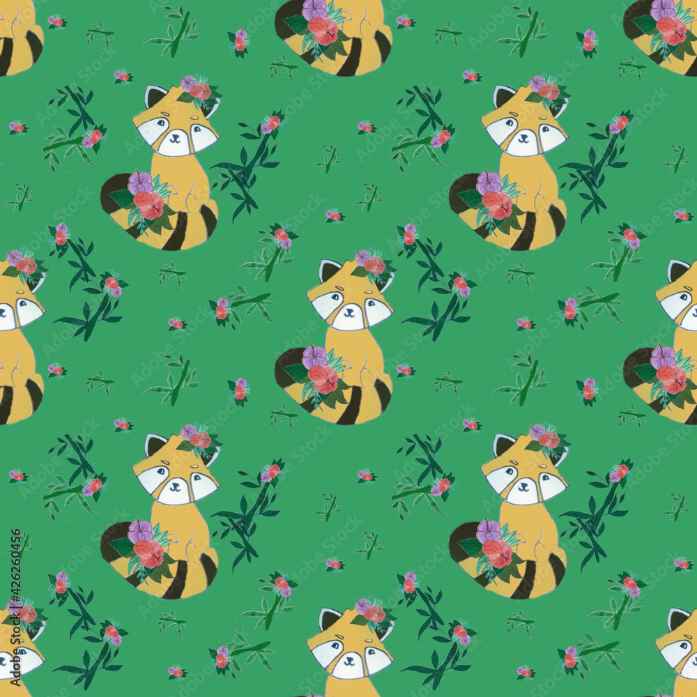 Red Panda Pattern Background Red Panda, flowers digital paper, cute animals, cute red Panda, fabric ...