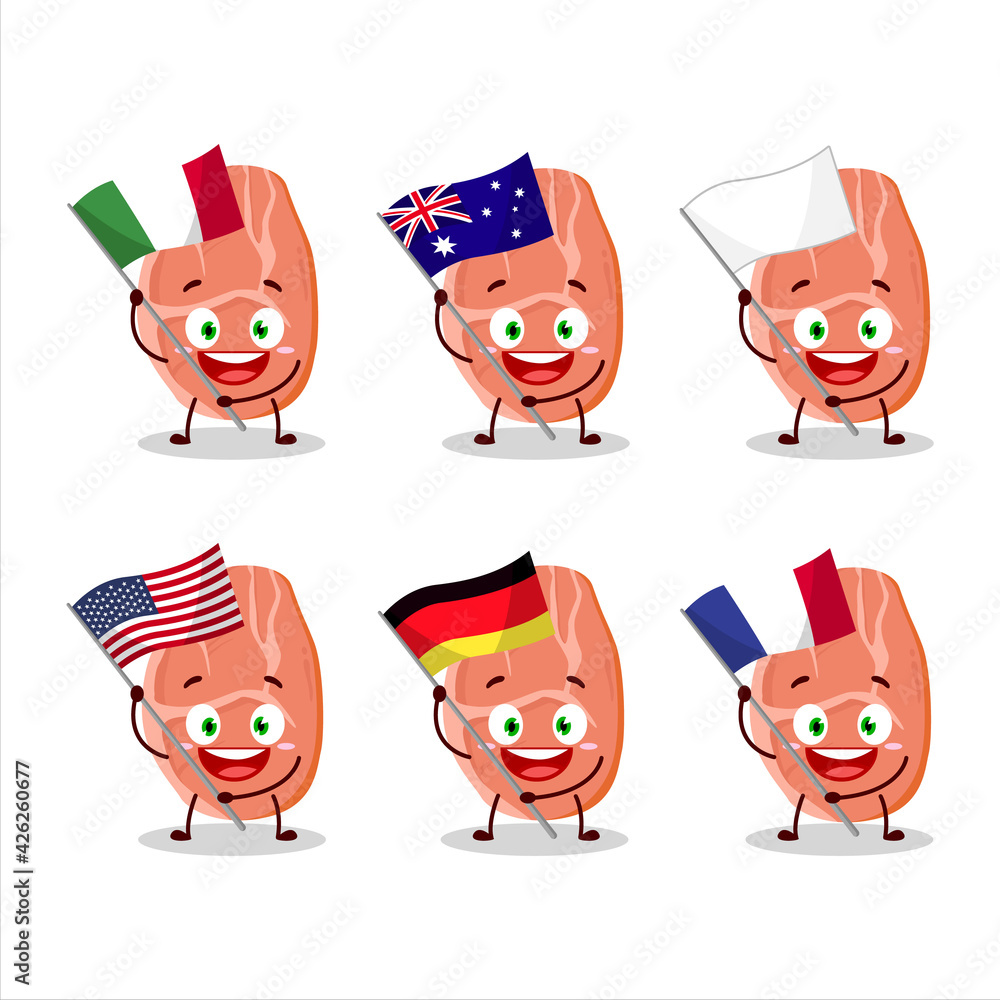 Slice of pork cartoon character bring the flags of various countries Slice of pork cartoon character bring the flags of various countries