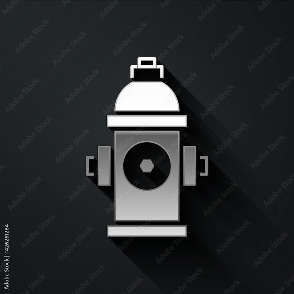 Silver Fire hydrant icon isolated on black background. Long shadow style. Vector Silver Fire hydrant icon isolated on black background. Long shadow style. Vector