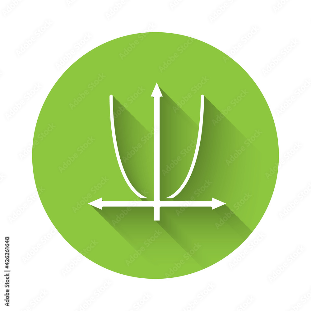 White Graph, schedule, chart, diagram, infographic, pie graph icon isolated with long shadow. Green circle button. Vector White Graph, schedule, chart, diagram, infographic, pie graph icon isolated with long shadow. Green circle button. Vector