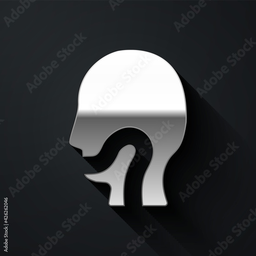 Silver Sore throat icon isolated on black background. Pain in throat. Flu, grippe, influenza, angina. Healthcare and medical. Long shadow style. Vector