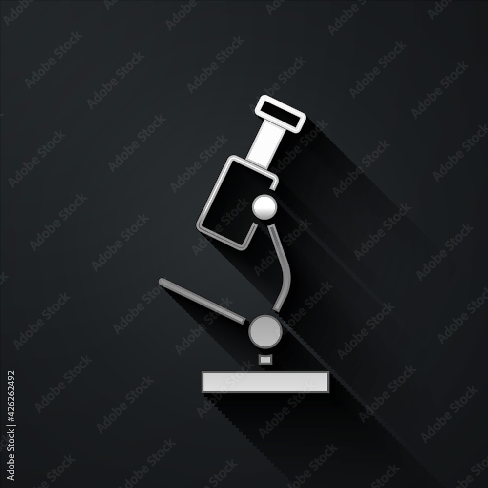 Silver Microscope icon isolated on black background. Chemistry, pharmaceutical instrument, microbiology magnifying tool. Long shadow style. Vector Silver Microscope icon isolated on black background. Chemistry, pharmaceutical instrument, microbiology magnifying tool. Long shadow style. Vector
