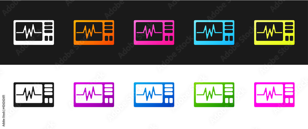 Set Computer monitor with cardiogram icon isolated on black and white background. Monitoring icon. ECG monitor with heart beat hand drawn. Vector Set Computer monitor with cardiogram icon isolated on black and white background. Monitoring icon. ECG monitor with heart beat hand drawn. Vector