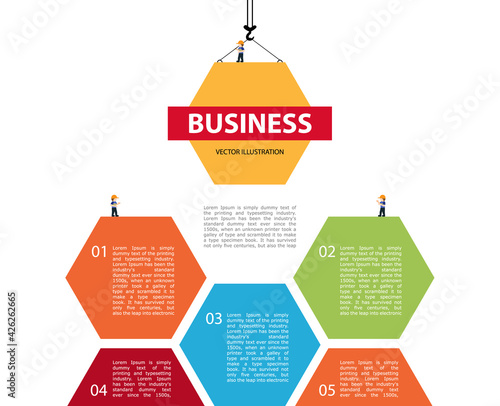 Crane and building color block hexagon. Vector Illustration.