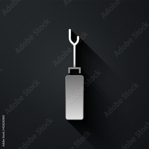 Silver Awl tool with wooden handle icon isolated on black background. Work equipment tailor industry. Long shadow style. Vector