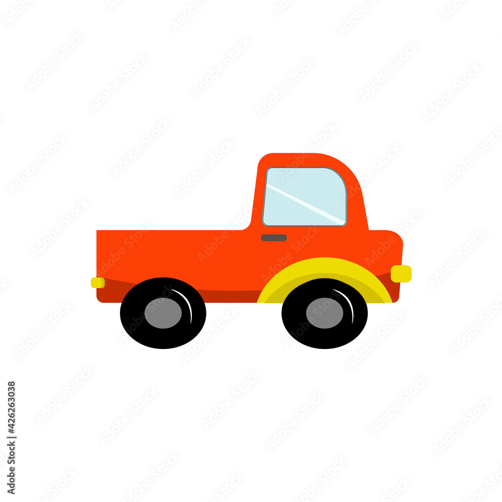 Toy truck for childrens illustration. Vector illustration isolated on white background. Drawing for use in prints, patterns, childrens clothing, advertisements and flyers, cards and invitations, logos