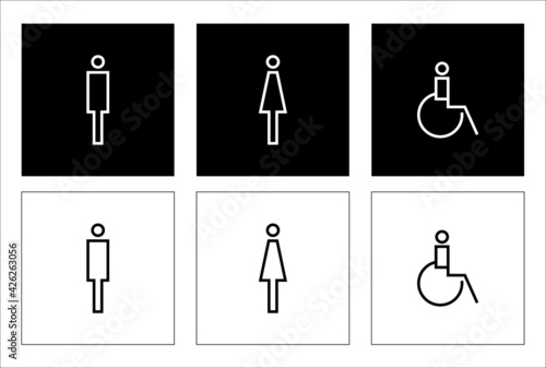 male and female toilet symbols. disabled icon.
gender icon. restroom pictogram. public signage. 