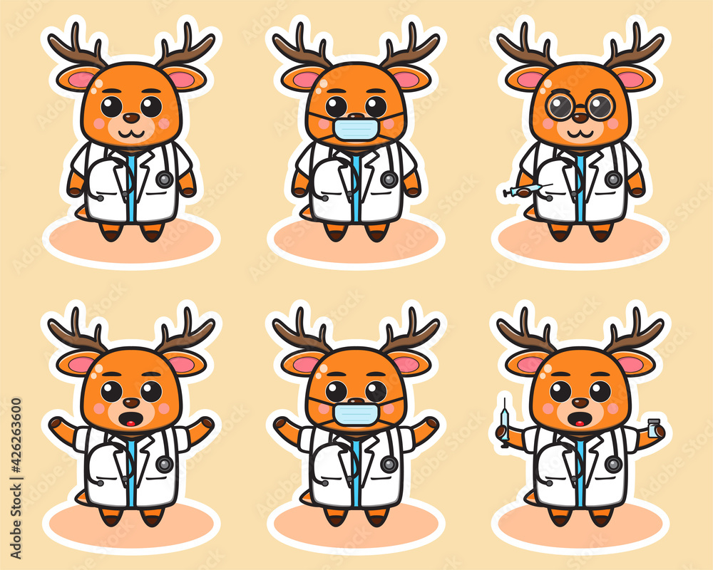 Vector illustration of cute Little Deer Doctor cartoon set. Cute Little Deer expression character design bundle. Good for icon, logo, label, sticker, clipart. Vector illustration of cute Little Deer Doctor cartoon set. Cute Little Deer expression character design bundle. Good for icon, logo, label, sticker, clipart.