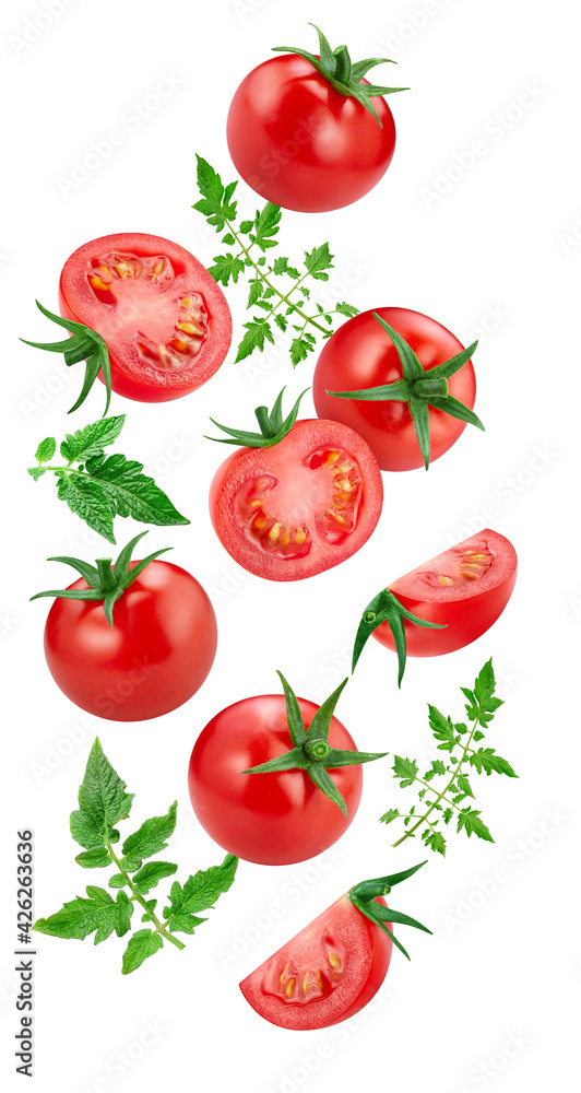 Fototapeta premium Flying tomato isolated on white background. Tomato on white background. Tomato with clipping path