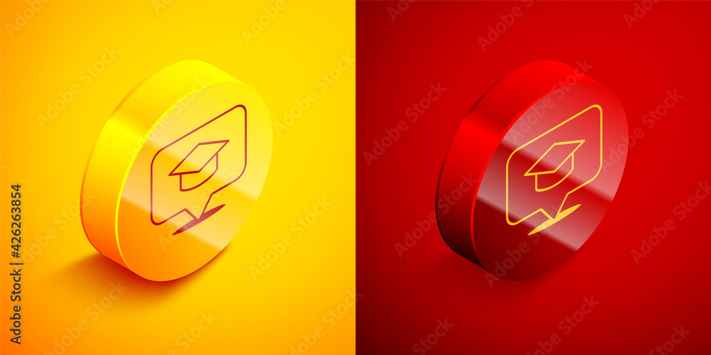 Isometric Graduation cap in speech bubble icon isolated on orange and red background. Graduation hat with tassel icon. Circle button. Vector Isometric Graduation cap in speech bubble icon isolated on orange and red background. Graduation hat with tassel icon. Circle button. Vector