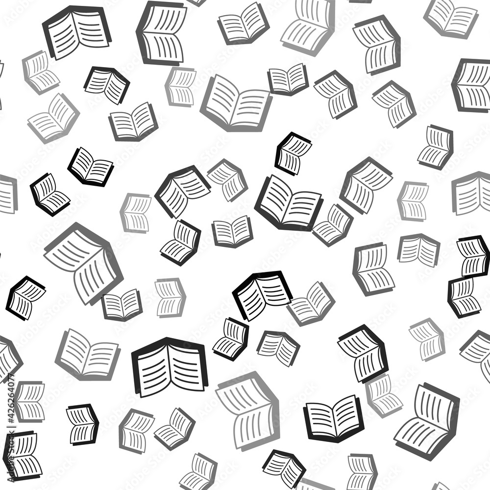 Black Open book icon isolated seamless pattern on white background. Vector