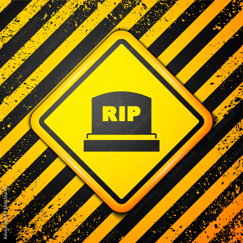 Black Tombstone with RIP written on it icon isolated on yellow background. Grave icon. Warning sign. Vector Black Tombstone with RIP written on it icon isolated on yellow background. Grave icon. Warning sign. Vector