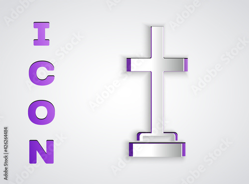 Paper cut Grave with cross icon isolated on grey background. Paper art style. Vector