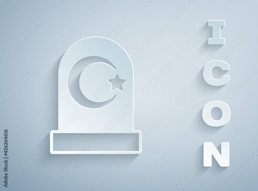 Paper cut Muslim cemetery icon isolated on grey background. Islamic gravestone. Paper art style. Vector Paper cut Muslim cemetery icon isolated on grey background. Islamic gravestone. Paper art style. Vector