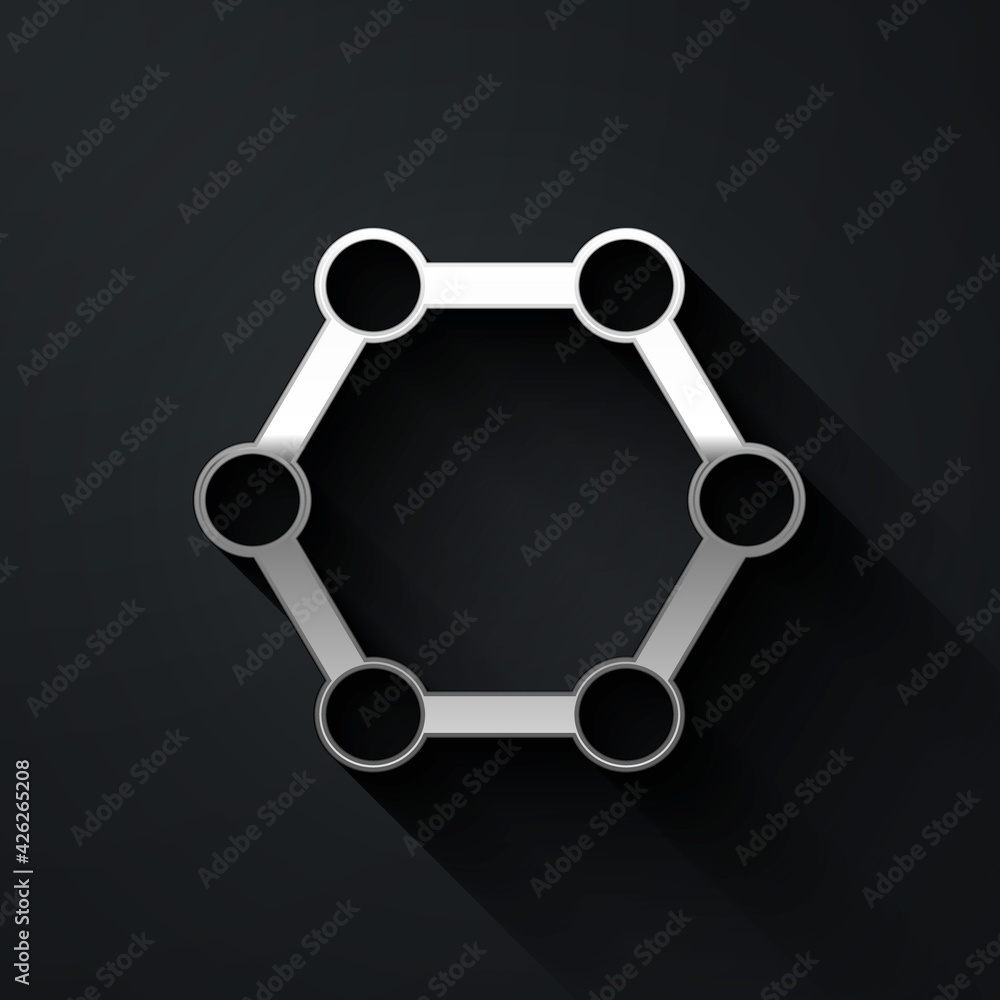 Silver Molecule icon isolated on black background. Structure of molecules in chemistry, science teachers innovative educational poster. Long shadow style. Vector Silver Molecule icon isolated on black background. Structure of molecules in chemistry, science teachers innovative educational poster. Long shadow style. Vector