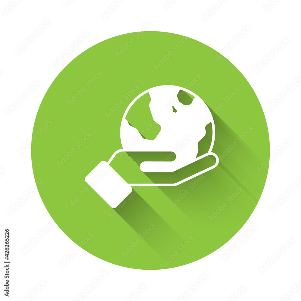 White Human hand holding Earth globe icon isolated with long shadow. Save earth concept. Green circle button. Vector White Human hand holding Earth globe icon isolated with long shadow. Save earth concept. Green circle button. Vector