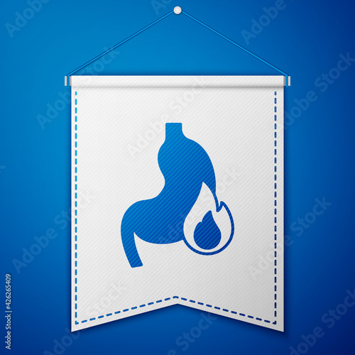 Blue Stomach heartburn icon isolated on blue background. Stomach burn. Gastritis and acid reflux, indigestion and stomach pain problems. White pennant template. Vector