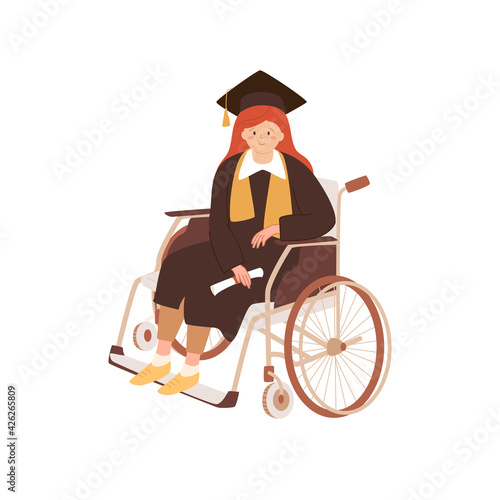 Young disabled woman, student graduated from school, university, college, wearing academic mantle, scarf, grad cap and holding certificate. Female character sitting in wheelchair. Equality concept