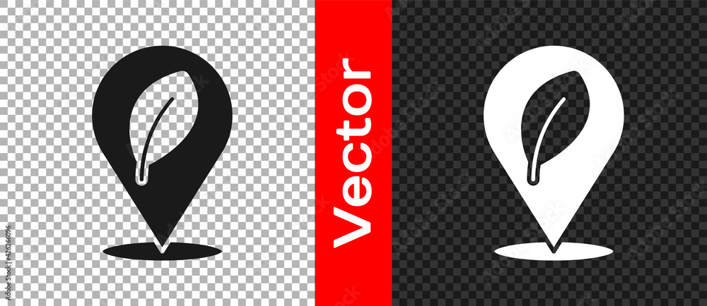 Black Location with leaf icon isolated on transparent background. Eco energy concept. Alternative energy concept. Vector Black Location with leaf icon isolated on transparent background. Eco energy concept. Alternative energy concept. Vector